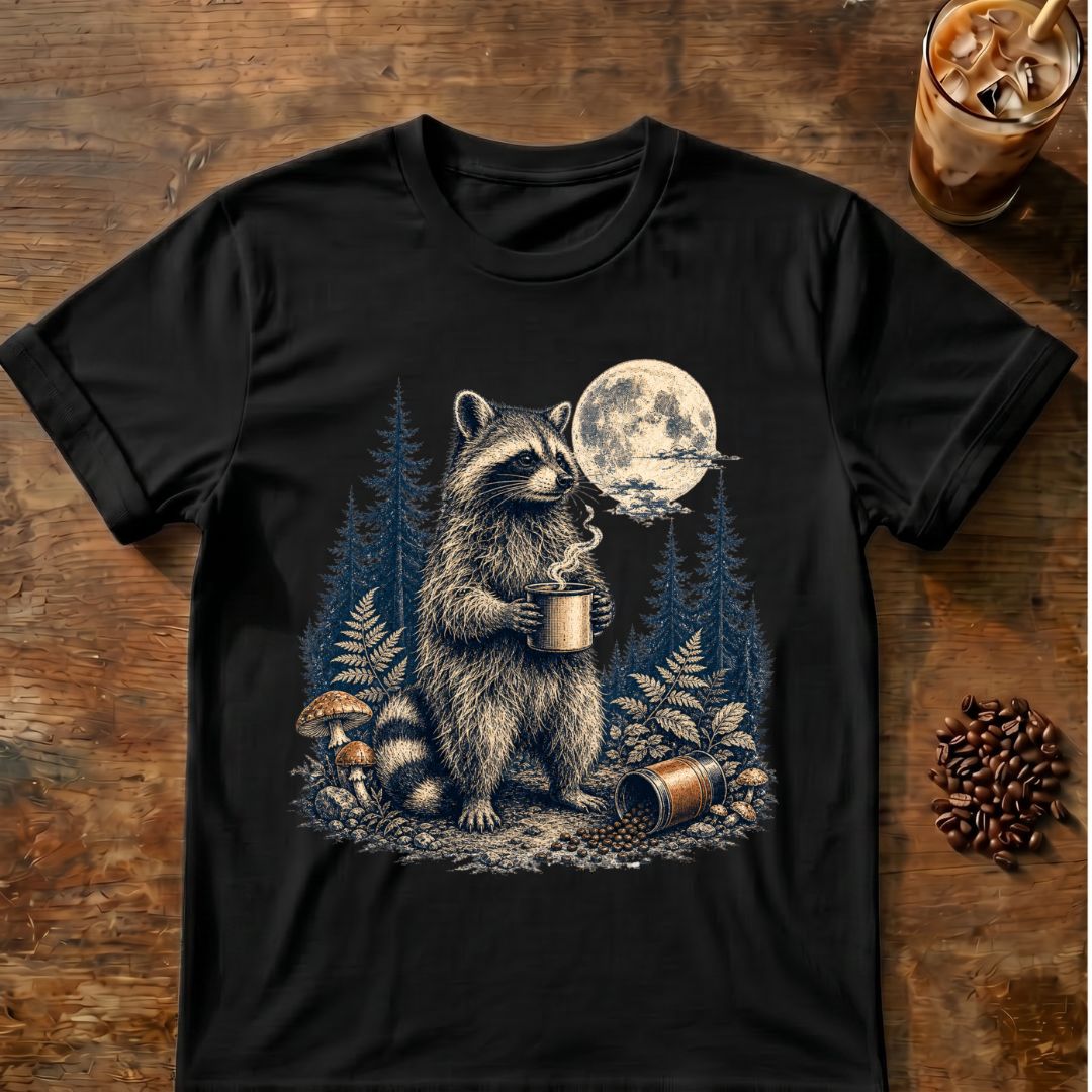 Raccoon coffee graphic for Moonlit Raccoon Coffee on black T-shirt