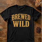 Coffee graphic for Brewed Wild Text on black T-shirt
