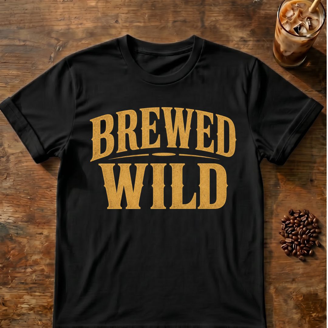 Coffee graphic for Brewed Wild Text on black T-shirt