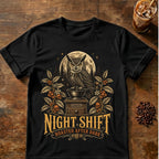 Owl coffee graphic for Night Shift Owl Coffee on black T-shirt