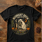 Raccoon wearing a ghost hood beside a campfire coffee pot with “Midnight Brew Society” text