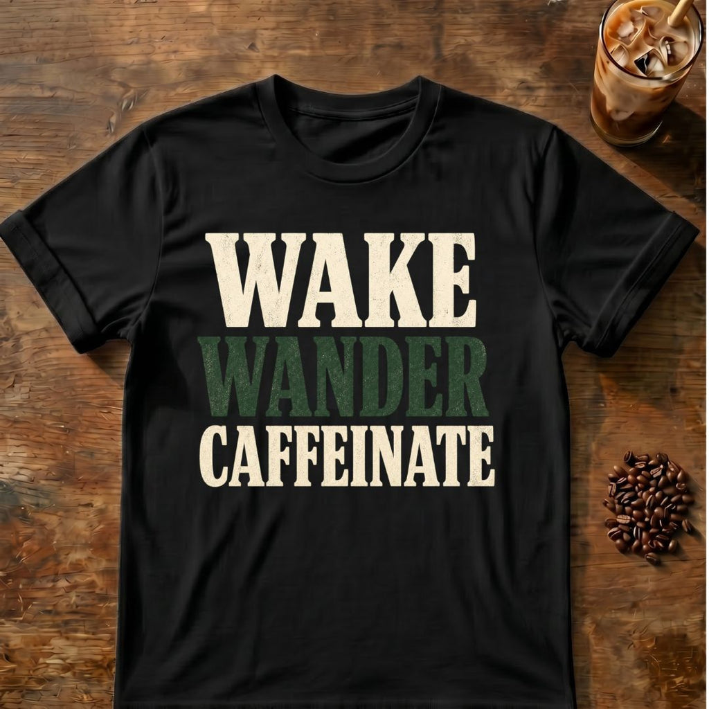 Coffee graphic for Wake Wander Caffeinate on black T-shirt