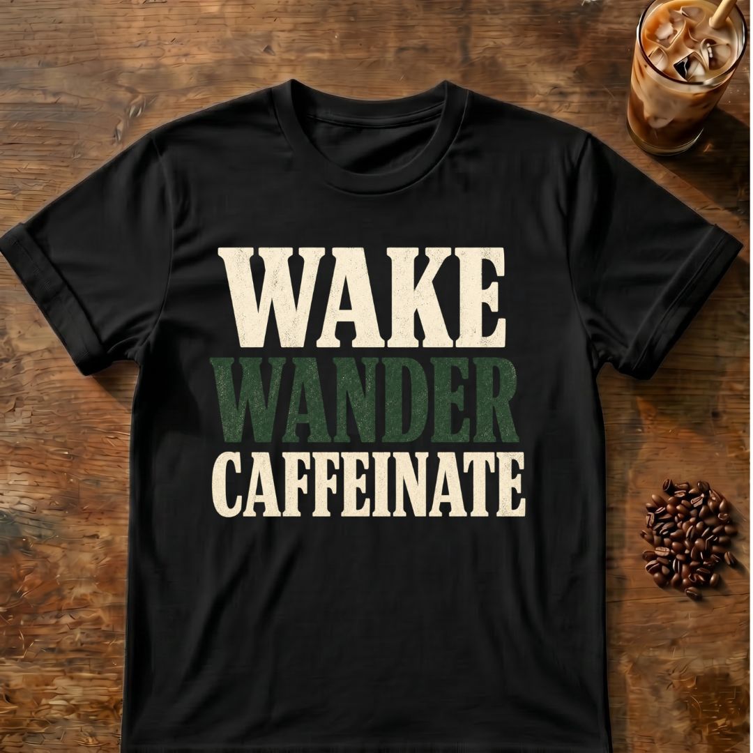 Coffee graphic for Wake Wander Caffeinate on black T-shirt