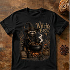 Raccoon coffee graphic for Witch's Brew Raccoon Coffee on black T-shirt