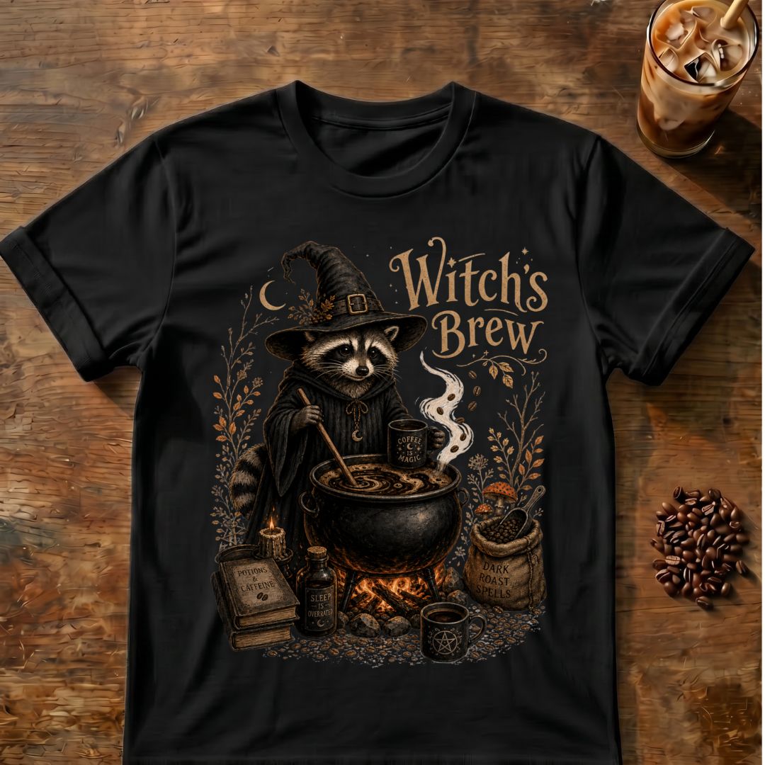 Raccoon coffee graphic for Witch's Brew Raccoon Coffee on black T-shirt