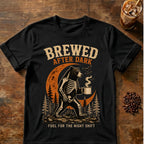 Black bear in skeleton costume holding coffee beneath an orange crescent moon with “Brewed After Dark” text