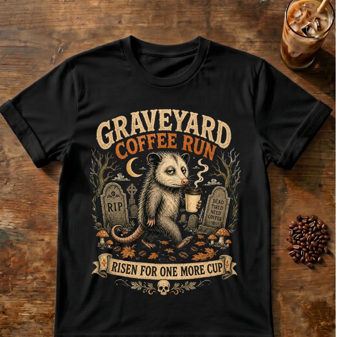 Opossum coffee graphic for Graveyard Coffee Run Opossum on black T-shirt