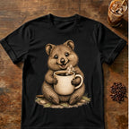Quokka coffee graphic on a Black T-shirt