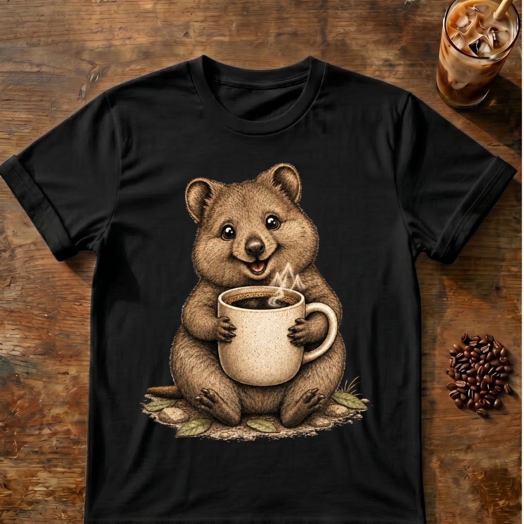 Quokka coffee graphic on a Black T-shirt