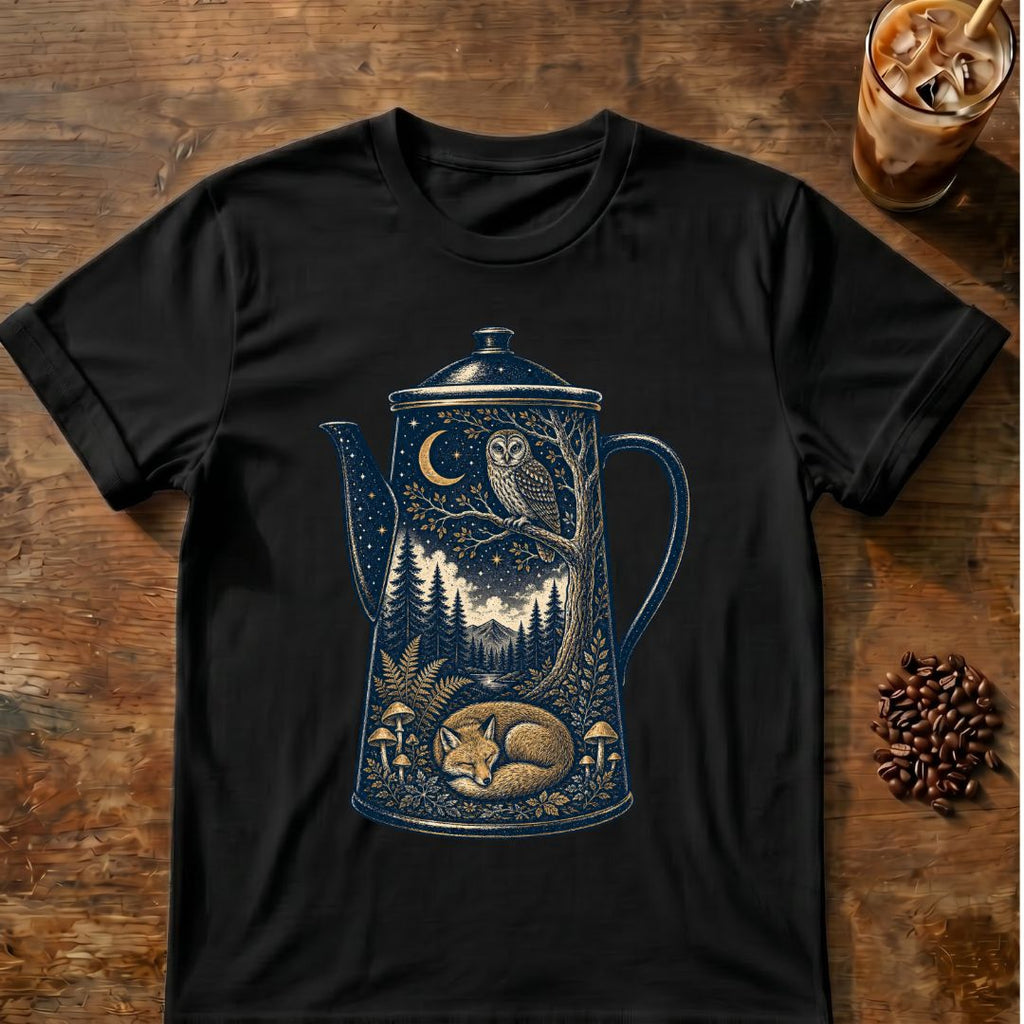 Owl coffee graphic for Moonlit Woodland Coffee Pot on black T-shirt