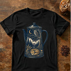 Owl coffee graphic for Moonlit Woodland Coffee Pot on black T-shirt