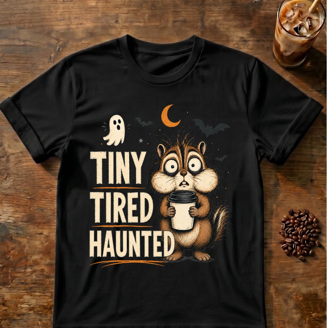 Chipmunk coffee graphic for Tiny Tired Haunted Chipmunk on black T-shirt
