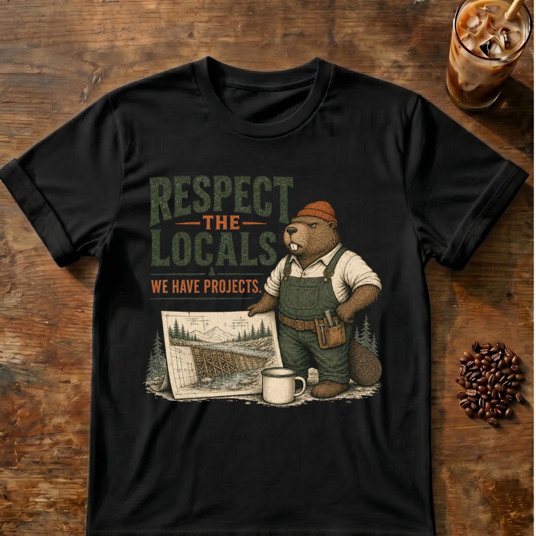 Beaver coffee graphic for Respect the Locals Beaver on black T-shirt