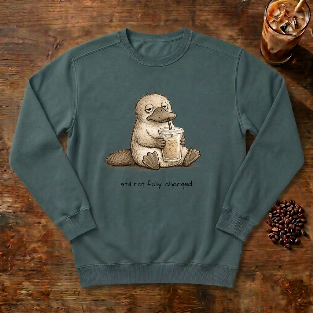 Still Not Fully Charged Platypus Sweatshirt in Blue Spruce, a sleepy platypus sipping iced coffee