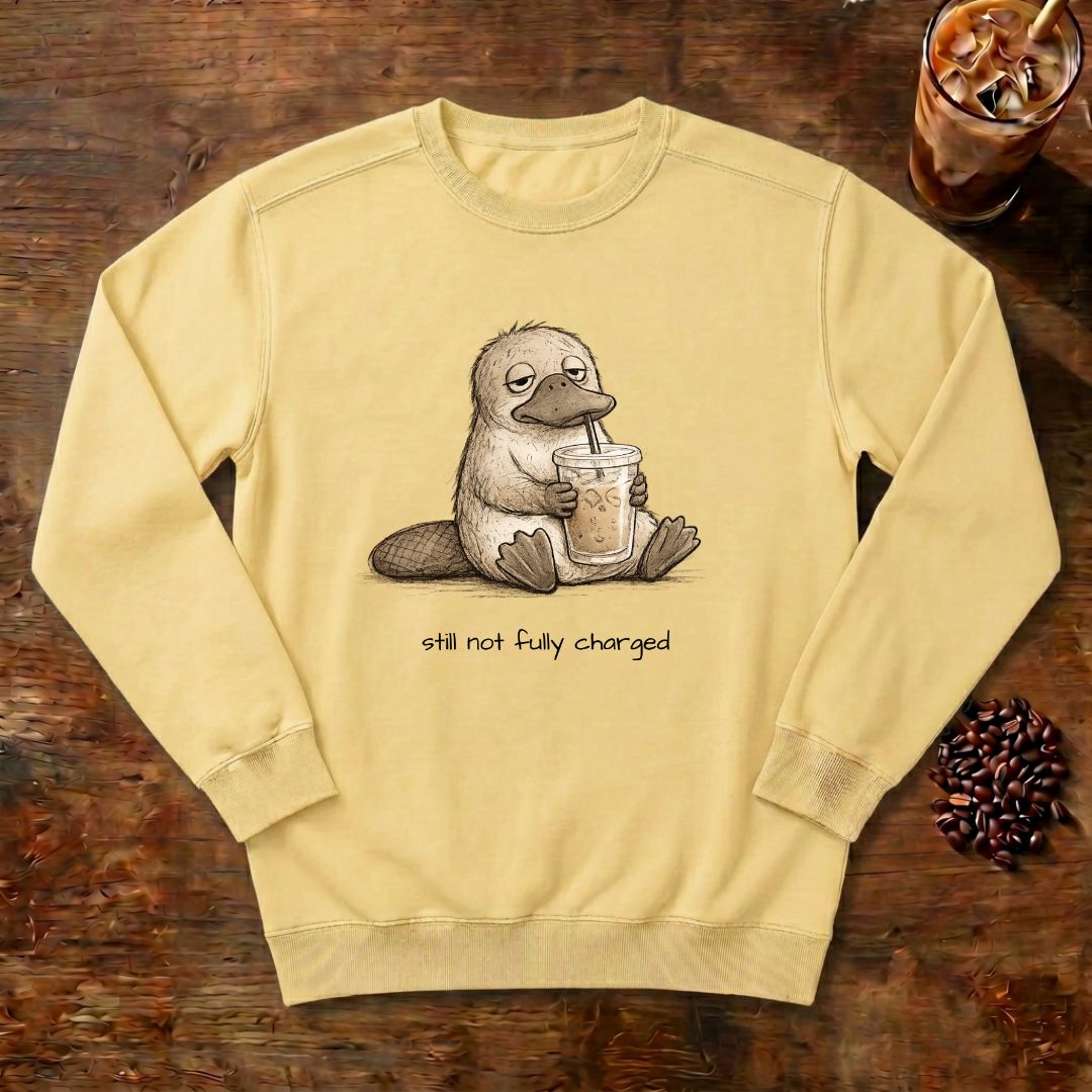 Still Not Fully Charged Platypus Sweatshirt in Butter, a sleepy platypus sipping iced coffee