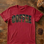 Raccoon coffee graphic for Woodland Coffee Typography on cardinal-red T-shirt