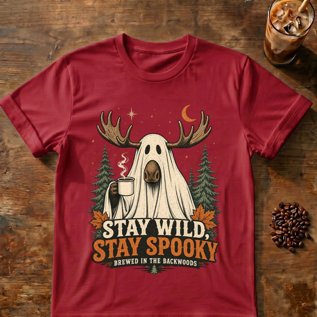 Moose coffee graphic for Stay Wild Stay Spooky Moose on cardinal-red T-shirt