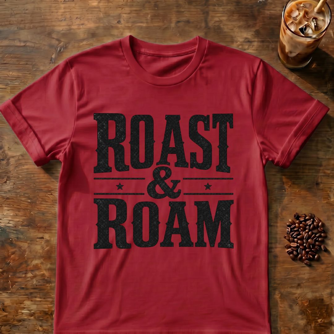 Cat coffee graphic for Roast and Roam on cardinal-red T-shirt