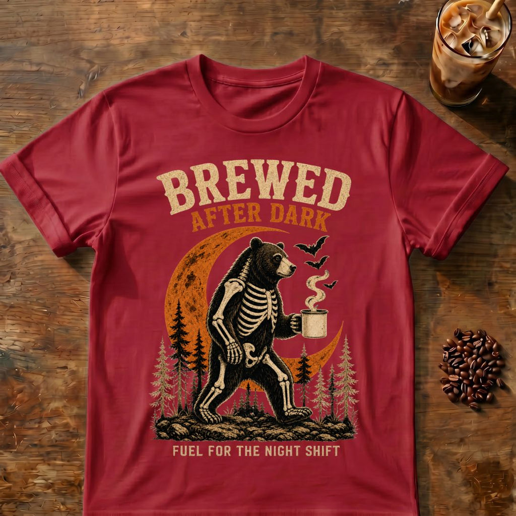 Bear coffee graphic for Brewed After Dark Bear Halloween on cardinal-red T-shirt
