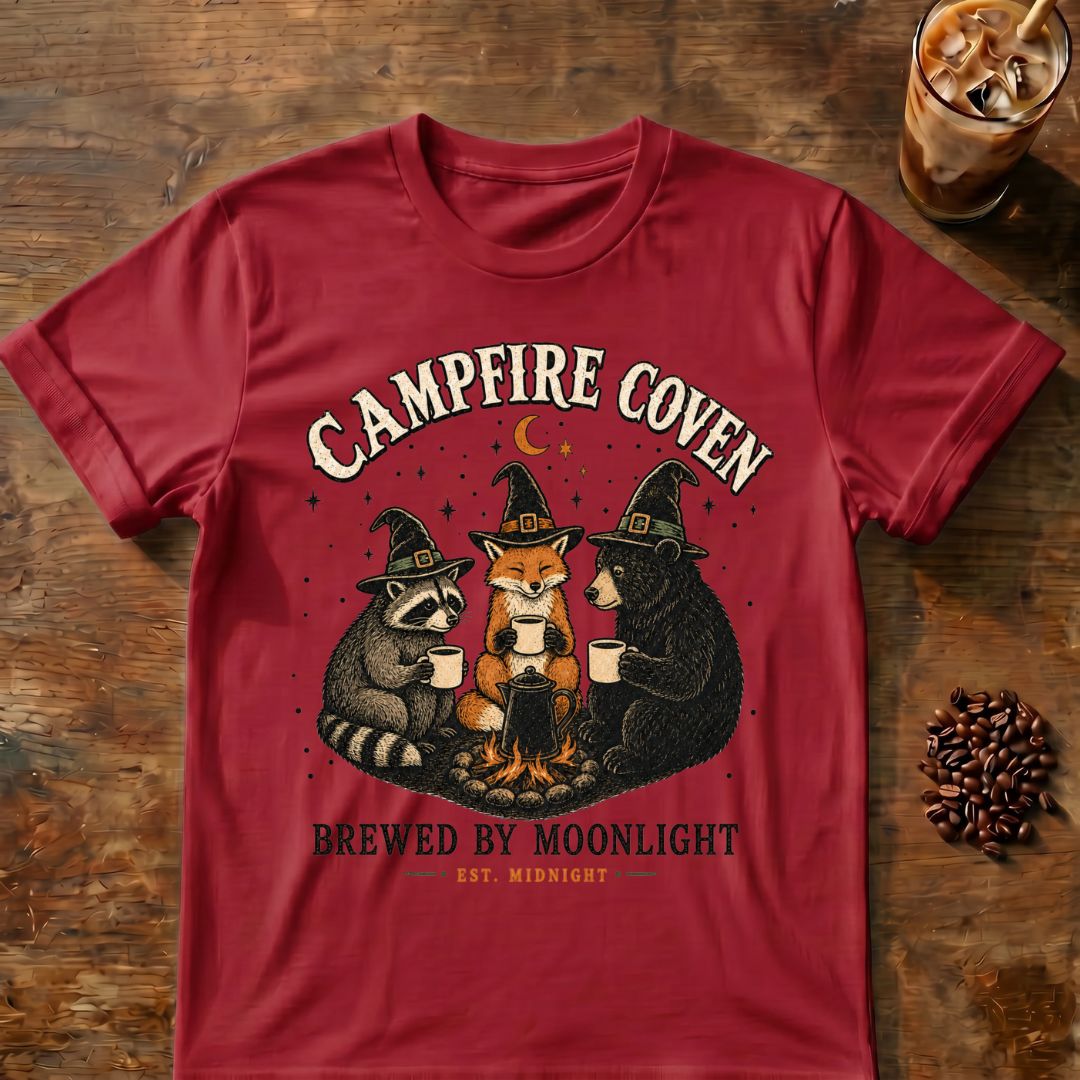 Raccoon coffee graphic for Campfire Coven Coffee on cardinal-red T-shirt