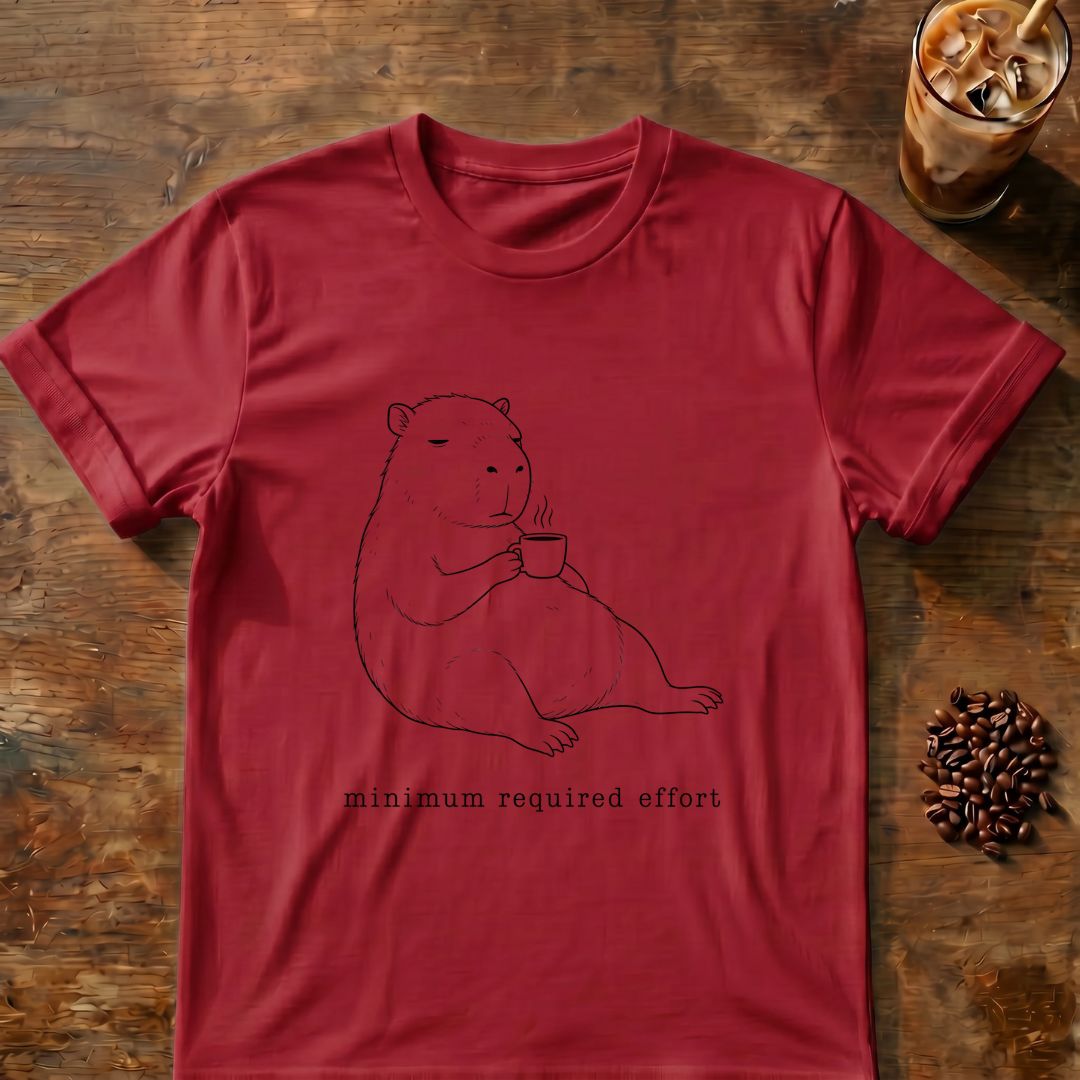 Capybara coffee graphic for Minimum Required Effort Capybara on cardinal-red T-shirt