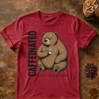 Caffeinated bear coffee graphic on a Cardinal Red T-shirt
