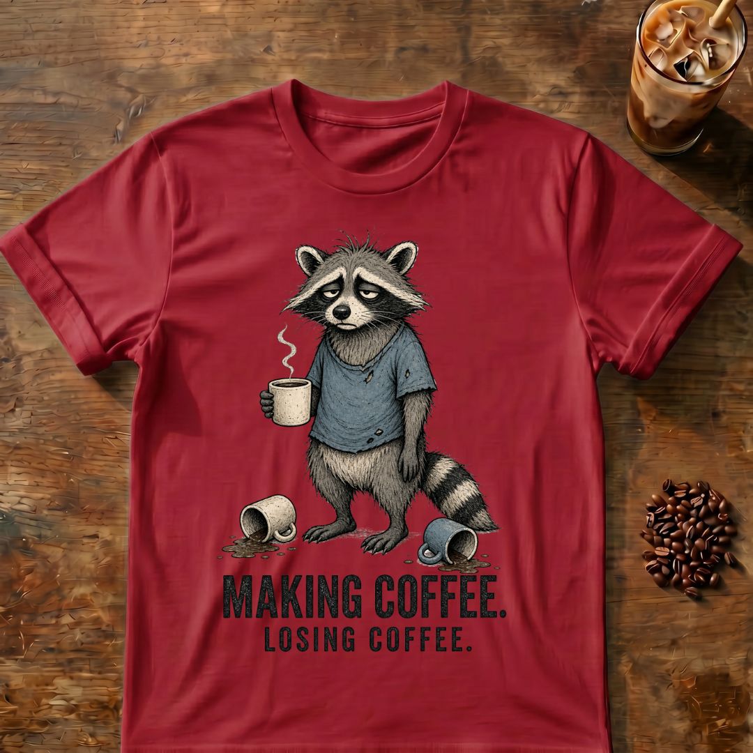 Raccoon coffee graphic on a Cardinal Red T-shirt