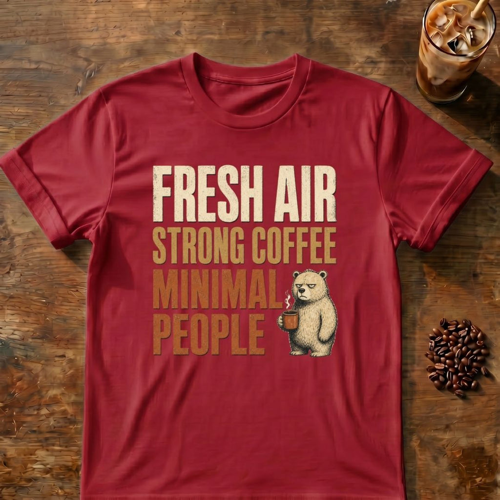Bear coffee graphic for Fresh Air on cardinal-red T-shirt