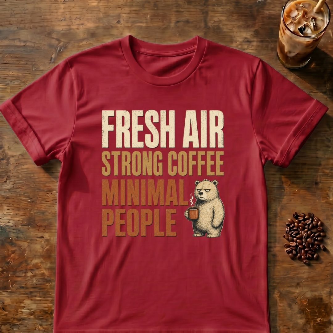 Bear coffee graphic for Fresh Air on cardinal-red T-shirt