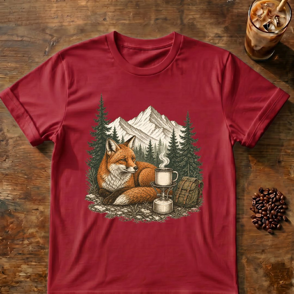 Fox coffee graphic for Mountain Fox Camp Coffee on cardinal-red T-shirt