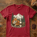 Fox coffee graphic for Mountain Fox Camp Coffee on cardinal-red T-shirt