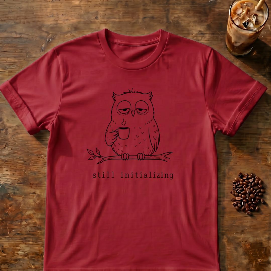 Owl coffee graphic for Minimal Line Art Owl Coffee on cardinal-red T-shirt