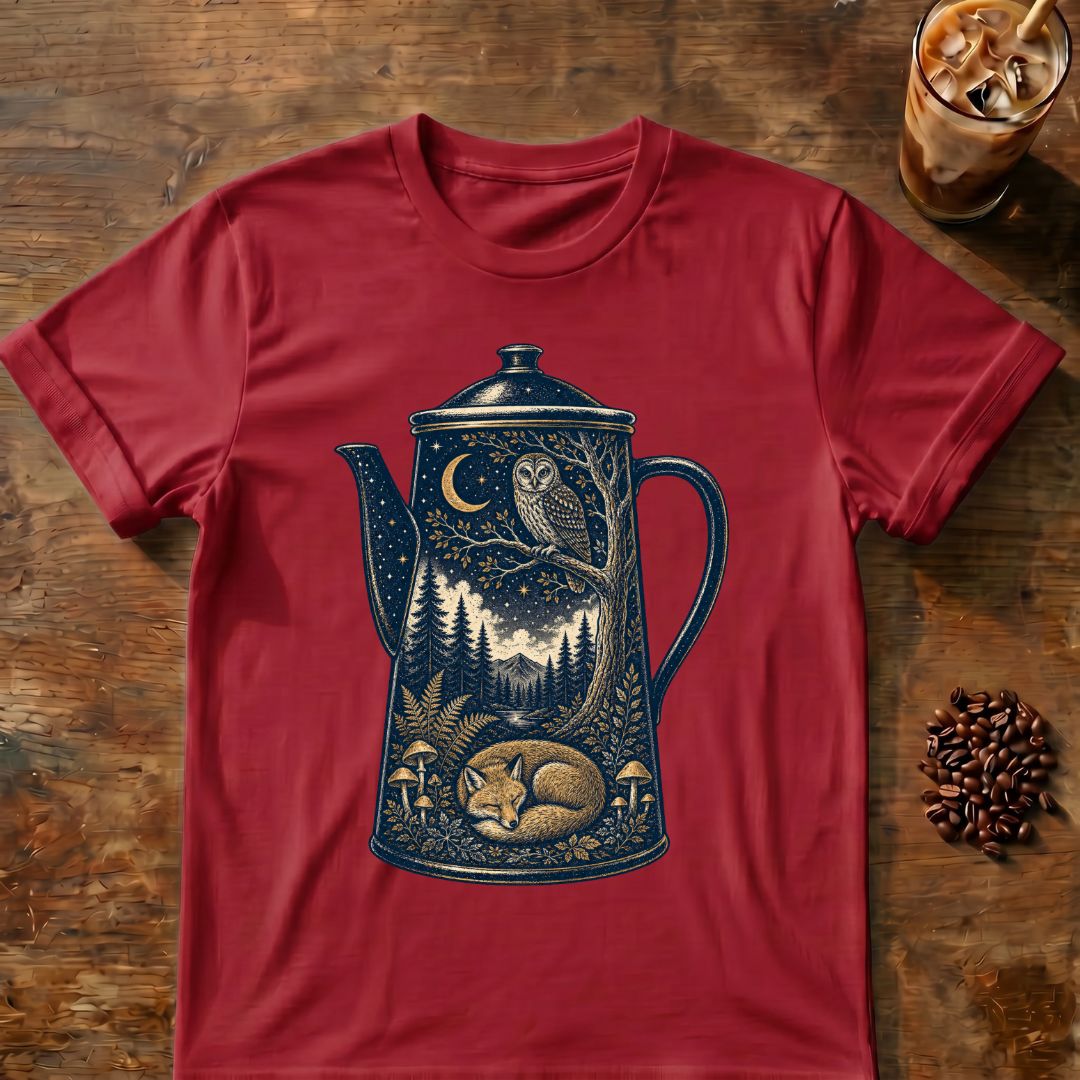 Owl coffee graphic for Moonlit Woodland Coffee Pot on cardinal-red T-shirt
