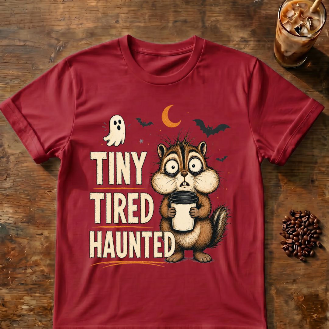 Chipmunk coffee graphic for Tiny Tired Haunted Chipmunk on cardinal-red T-shirt