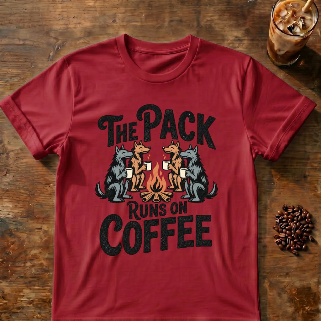 Pack Runs on Coffee graphic on a Cardinal Red T-shirt