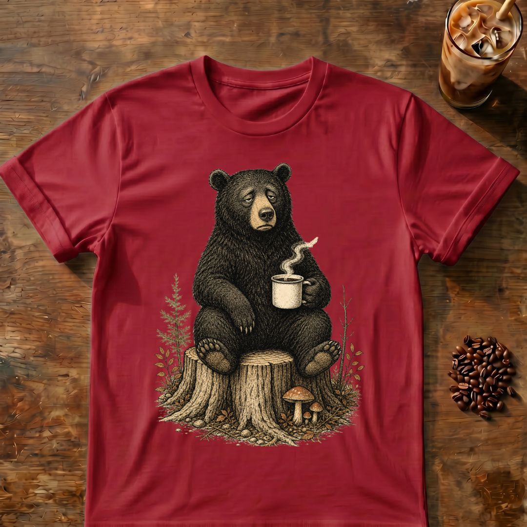 Bear coffee graphic for Sleepy Bear Coffee on cardinal-red T-shirt