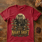 Owl coffee graphic for Night Shift Owl Coffee on cardinal-red T-shirt