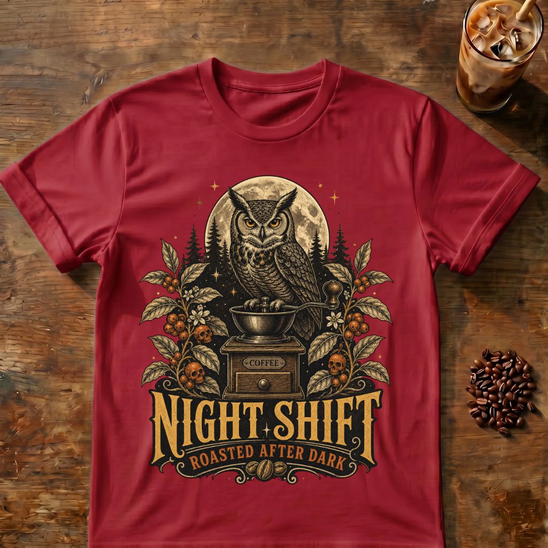 Owl coffee graphic for Night Shift Owl Coffee on cardinal-red T-shirt