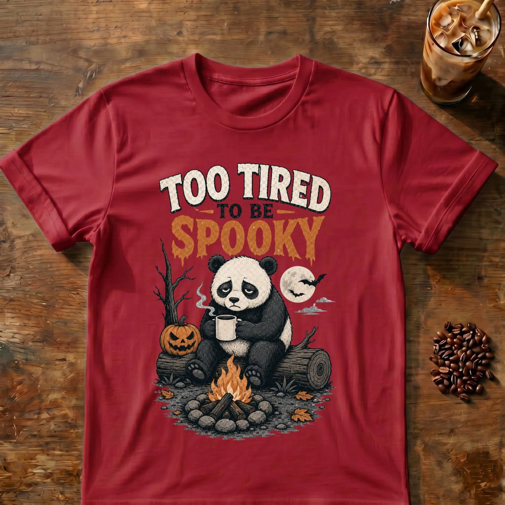 Bat coffee graphic for Too Tired to Be Spooky Panda on cardinal-red T-shirt