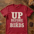 Coffee graphic for Up Before the Birds on cardinal-red T-shirt