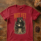 Bear coffee graphic for Not Yet Bear on cardinal-red T-shirt
