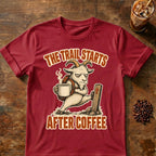 Goat coffee graphic for Trail Starts on cardinal-red T-shirt