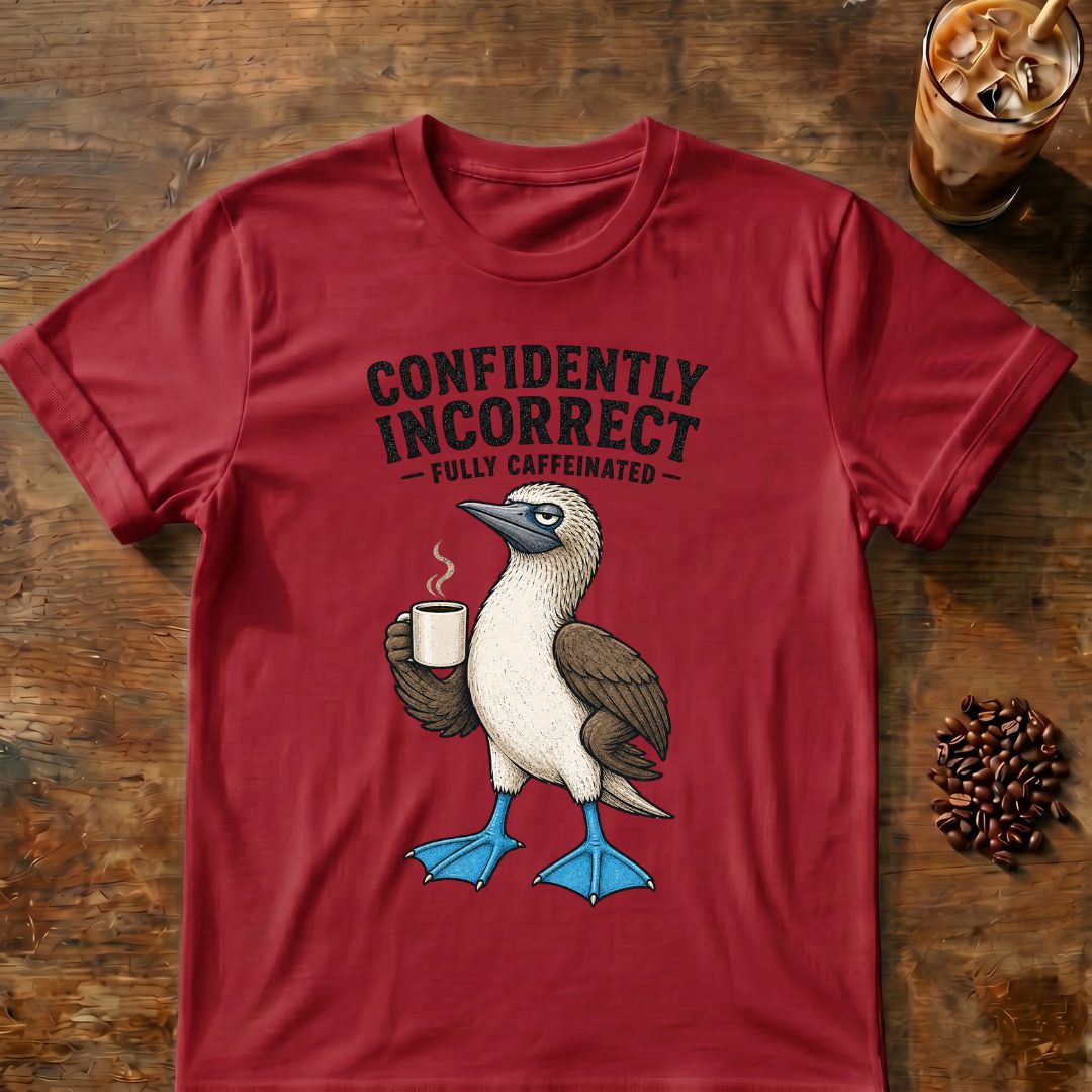 Blue-footed booby “Confidently Incorrect” graphic on a Cardinal Red T-shirt