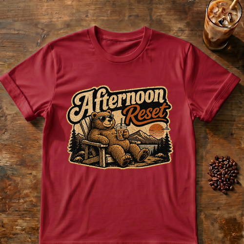 Relaxed bear “Afternoon Reset” coffee graphic on a Cardinal Red T-shirt