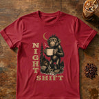Monkey coffee graphic for Night Shift Monkey on cardinal-red T-shirt