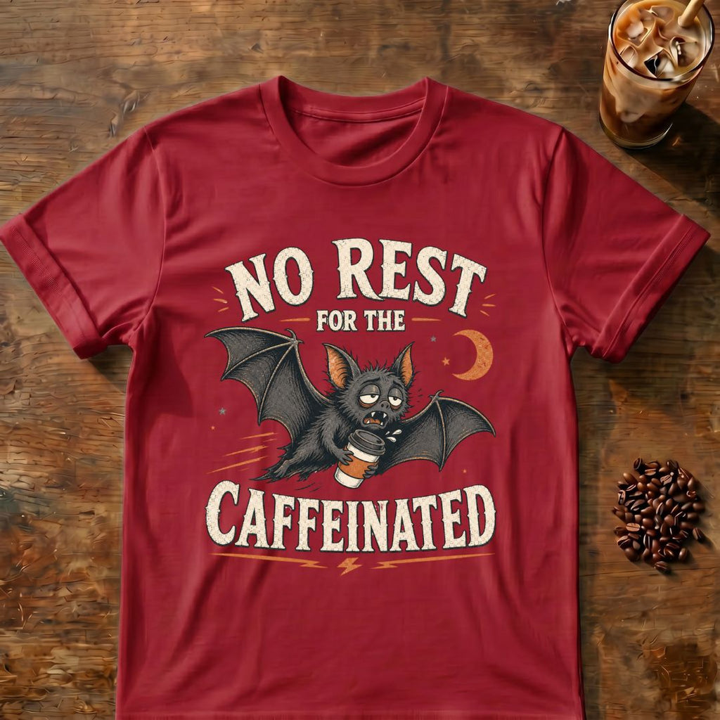 Bat coffee graphic for No Rest Bat on cardinal-red T-shirt