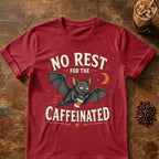 Bat coffee graphic for No Rest Bat on cardinal-red T-shirt