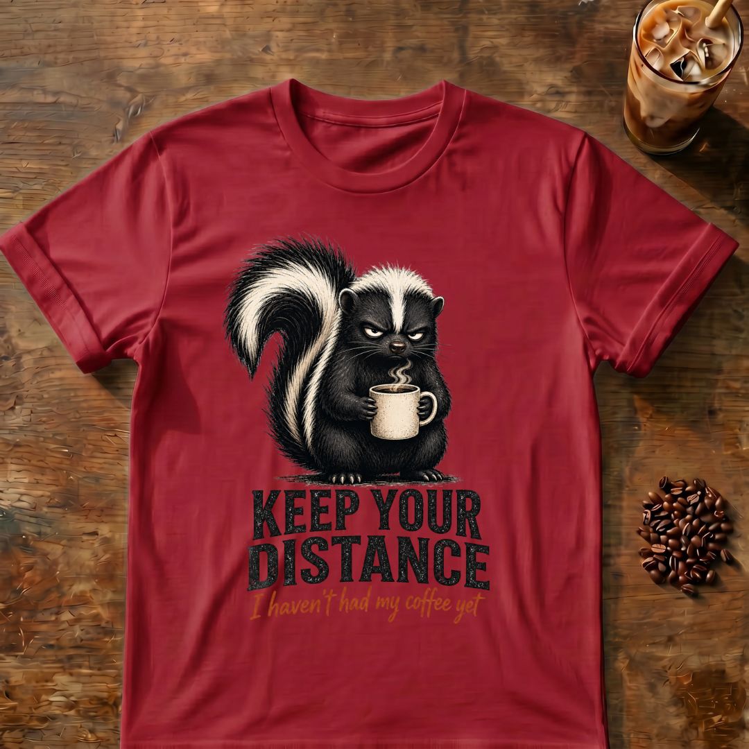 Grumpy skunk holding a steaming coffee mug above distressed text reading Keep Your Distance, with orange script saying I haven’t had my coffee yet. Cardinal Red