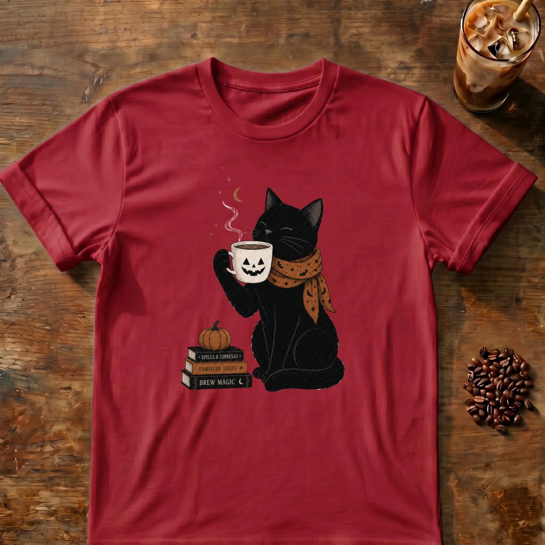 Cat coffee graphic for Halloween Black Cat Coffee on cardinal-red T-shirt