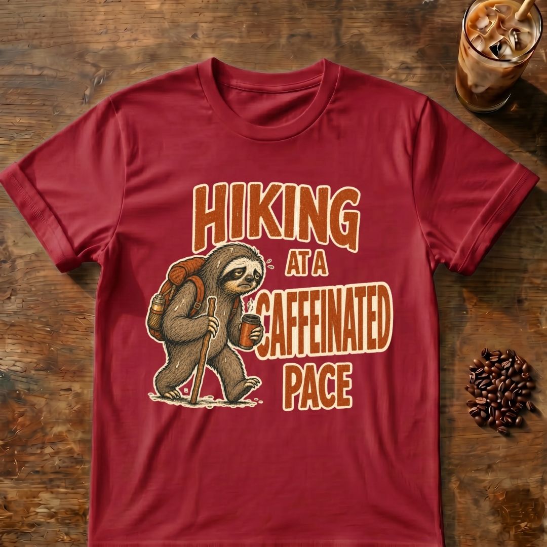 Sloth coffee graphic for Pace Sloth on cardinal-red T-shirt